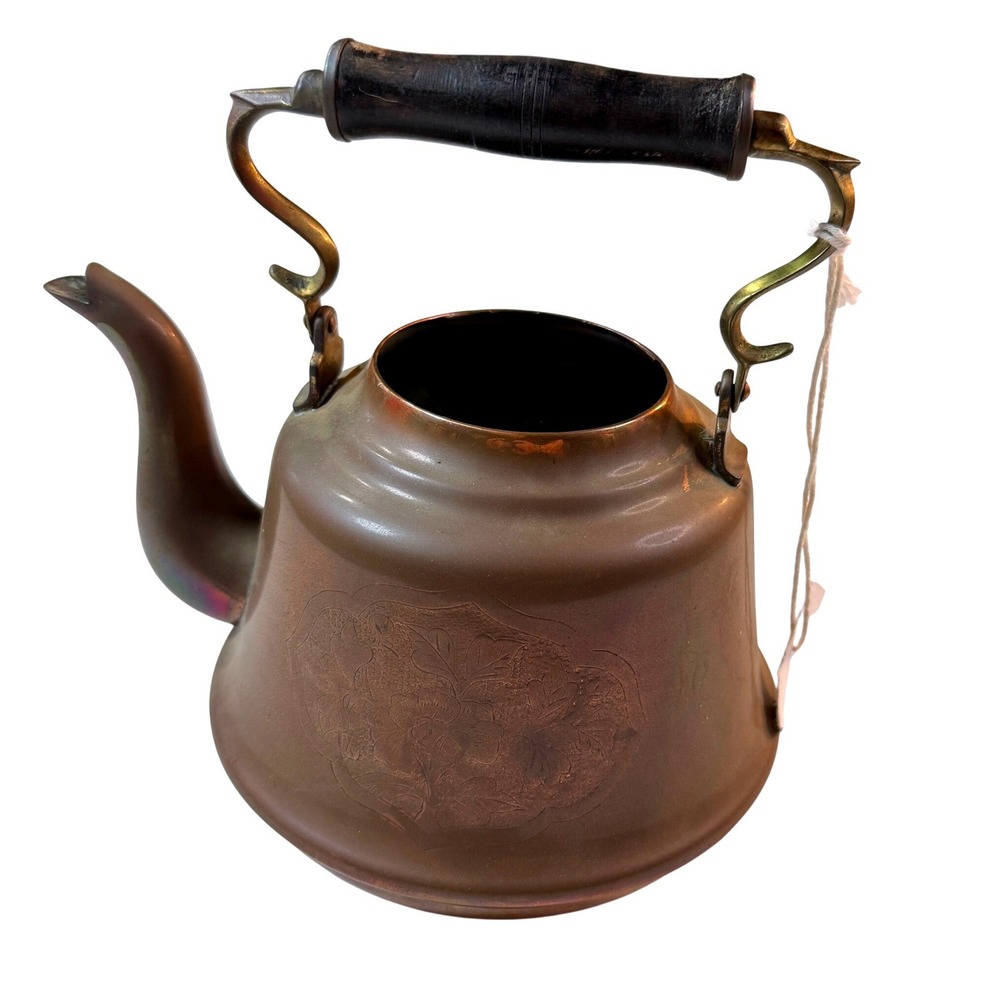 Vintage MCM Copper Tea Kettle Etched Floral Swan Spout Wood Handle Rustic Decor